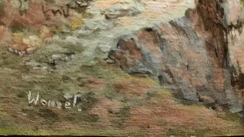 E538/  Ölbild Leinwand auf Holz Gebirgssee signiert Wenzel 18 x 24 cm