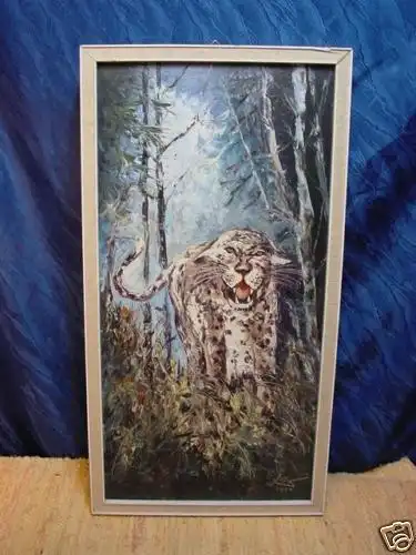 G468/ Ölbild Fauchender Leopard 33 x 63,5