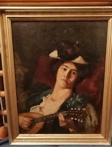 Ölbild Lautenspielerin/ Frau mit Laute von Max Fabian 1873-1926