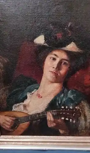 Ölbild Lautenspielerin/ Frau mit Laute von Max Fabian 1873-1926