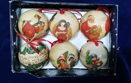 G301a/ 6 Weihnachtsbaumkugeln aus Pappe mit 3verschiedenen Motiven, siehe Bilder