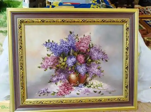 Ölbild Stilleben Flieder  Blumen  Ölgemälde signiert Sommerfeld 51 X 41 cm