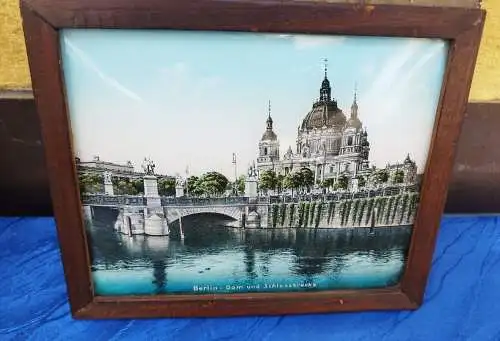 G378/ antike Fotografie im gewölbten Glas Berlin Dom und Schlossbrücke Widmung 