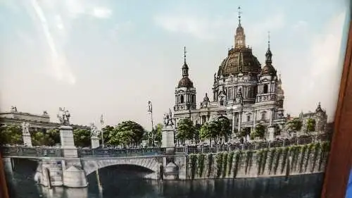 G378/ antike Fotografie im gewölbten Glas Berlin Dom und Schlossbrücke Widmung 
