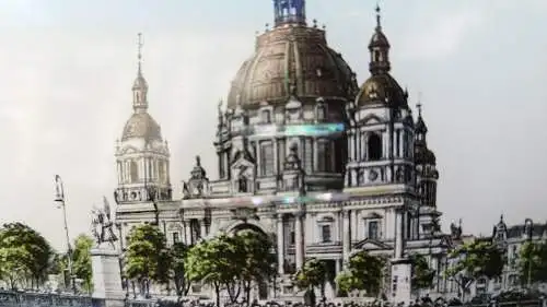 G378/ antike Fotografie im gewölbten Glas Berlin Dom und Schlossbrücke Widmung 