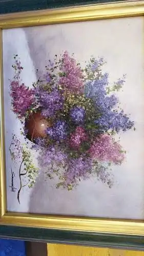G383/ Ölbild Stilleben Flieder  Blumen  Ölgemälde signiert Sommerfeld 54 X 44 cm
