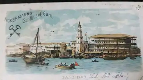 Ansichtskarte Werbekarte Zanzibar Ackermanns Schlüsselgarn