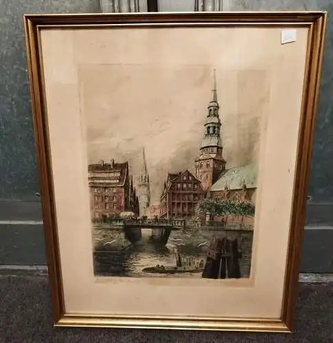 G453/ colorierte Radierung "Hamburg Zollkanal" 62x50