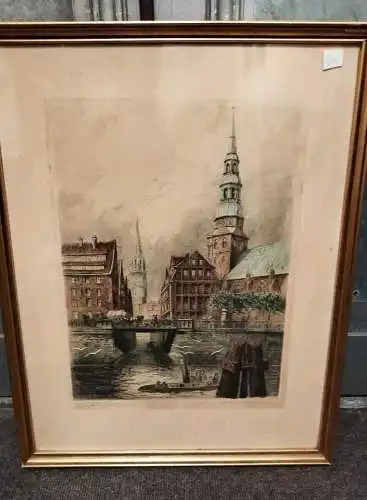 G453/ colorierte Radierung "Hamburg Zollkanal" 62x50