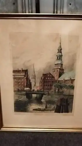 G453/ colorierte Radierung "Hamburg Zollkanal" 62x50