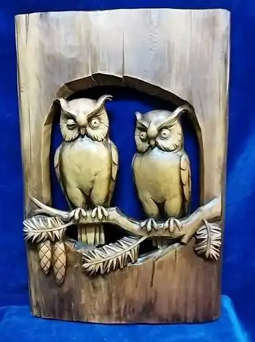 G513/ schönes  Holzbild mit Eulen Wandbild Echtholz geschnitzt 