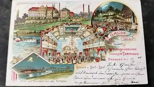 Alte Ansichtskarte Gruß von der Waldschlösschen Terrasse Dresden um 1908