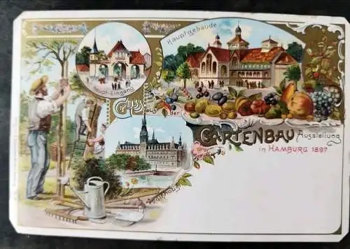 Alte Ansichtskarte Gruß aus der Gartenbau Ausstellung in Hamburg 1897