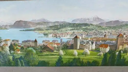 G360/ Farbiges Panorama von Luzern, gerahmter Photodruck 80 X 30 cm