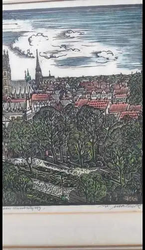 F780/ Münster kolorierter  alter Holzschnitt signiert Ehrengabe 
