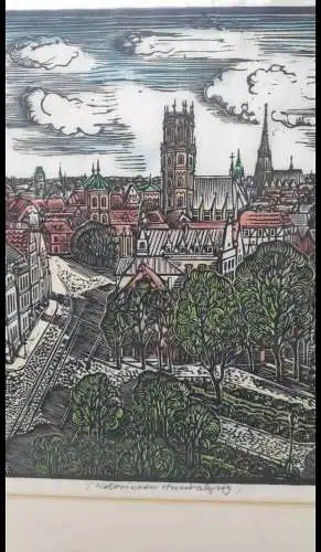 F780/ Münster kolorierter  alter Holzschnitt signiert Ehrengabe 