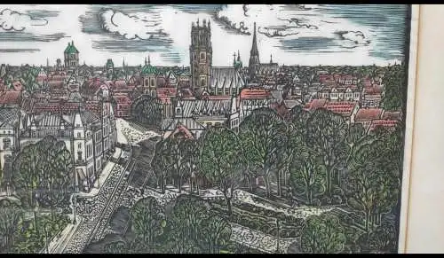 F780/ Münster kolorierter  alter Holzschnitt signiert Ehrengabe 
