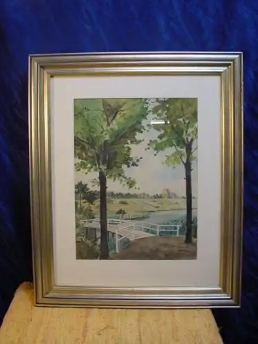 G501/ Aquarell H.Becker weiße Brücke m. Bäumen