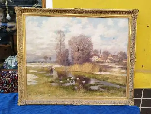 Ölgemälde von Karl Müller- Baumgarten Dorfidylle mit Enten
