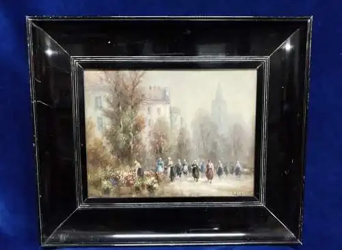 G597/ Gemälde Herrmann Wiesehöfer Blumenmarkt in Holland auf Holz 