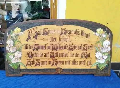 Großes dekoratives Jugendstil Haussegen Schild Brandmalerei Holz Hotel 