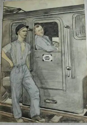 Fritz Tröger - Eisenbahner Zeichnung DDR Kunst 70er Dresdner Sezession 49x76 cm