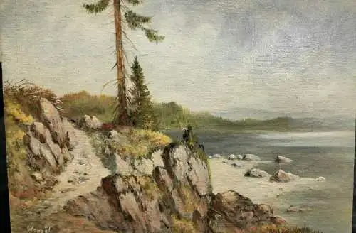 E538/  Ölbild Leinwand auf Holz Gebirgssee signiert Wenzel 18 x 24 cm