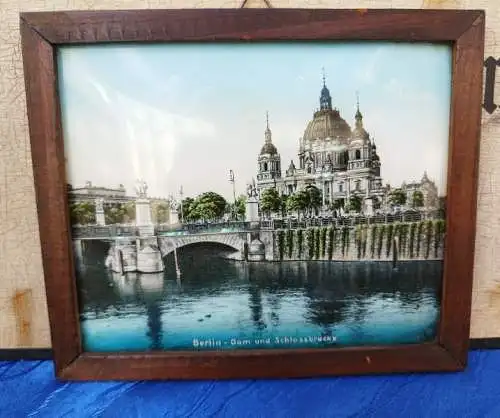 G378/ antike Fotografie im gewölbten Glas Berlin Dom und Schlossbrücke Widmung 