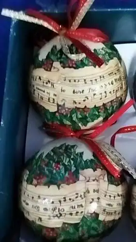 G301d/ 6 Weihnachtsbaumkugeln aus Pappe über 20 Jahre alt 
