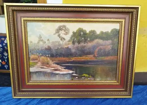 G384/ Ölbild Landschaftsbild am Weiher  Ölgemälde am Teich signiert S.Koch 