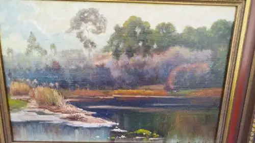 G384/ Ölbild Landschaftsbild am Weiher  Ölgemälde am Teich signiert S.Koch 