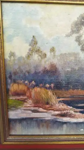 G384/ Ölbild Landschaftsbild am Weiher  Ölgemälde am Teich signiert S.Koch 