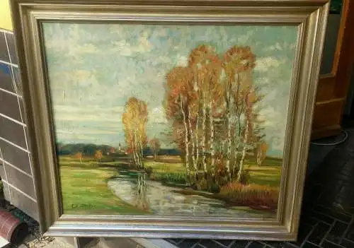 Ölbild Wiesenlandschaft mit Birken