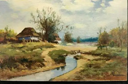 E548/  Ölbild auf Holz Häuser am Bach signiert 20 x 30cm 