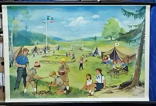 G64/ Original DDR Rollkarte Wandrollbild Im Pionierzeltlager 115 x 80 cm