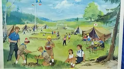 G64/ Original DDR Rollkarte Wandrollbild Im Pionierzeltlager 115 x 80 cm
