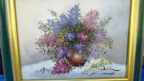 G383/ Ölbild Stilleben Flieder  Blumen  Ölgemälde signiert Sommerfeld 54 X 44 cm