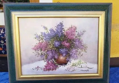 G383/ Ölbild Stilleben Flieder  Blumen  Ölgemälde signiert Sommerfeld 54 X 44 cm