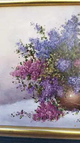 G383/ Ölbild Stilleben Flieder  Blumen  Ölgemälde signiert Sommerfeld 54 X 44 cm