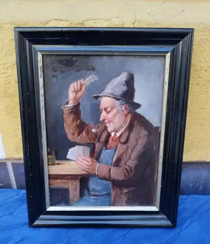 G581/ Kleines Ölbild  von Carl Siegfried Stoitzner (1866-1943) Der Kartenspieler