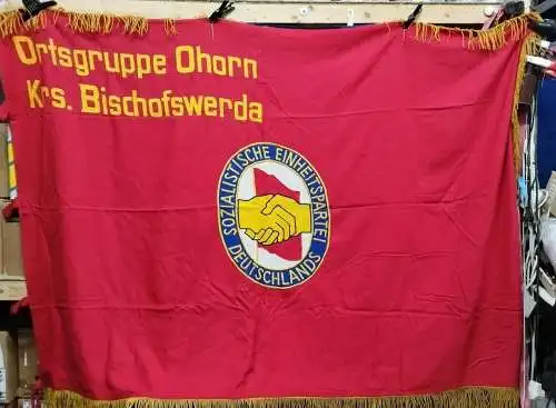 G602/ DDR Fahne der SED Ortsgruppe Ohorn Kreis Bischofswerda ca 120x170 cm