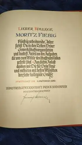 F96/ Ehrenurkunde Industrie Gewerkschaft Druck und Papier 1952 50Jahre
