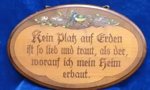 G714/ Antikes Holzbild Spruchbild Sinnspruch Holzschild Brandmalerei Vögel 50 cm