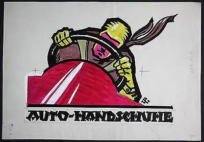 1920 Auto Automobil Handschuhe Reklame Original Entwurf Plakat Poster Zeichnung
