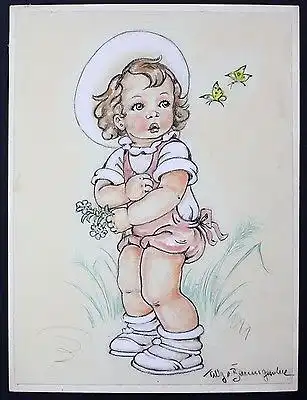 1930 Mädchen Kind Child Original Zeichnung Aquarell Tilly von Baumgarten