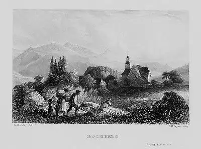 1840 - Buchberg Bukovea Kirche Bauern Tschechien engraving Original Stahlstich