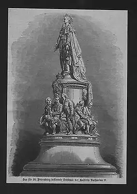 1865 - St. Petersburg Kaiserin Katharina II Denkmal Holzstich wood engraving