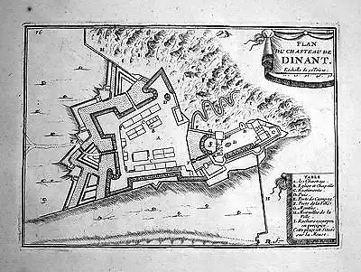 1680 Dinant Chateau Belgique carte map gravure Kupferstich engraving Beaulieu