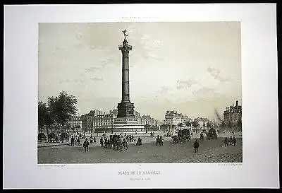 Ca 1860 place de la Bastille colonne de Juillet Julisäule Paris vue Lithographie