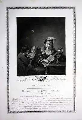 1786 Gitarre guitare guitar woman Kupferstich antique print Teniers Launay